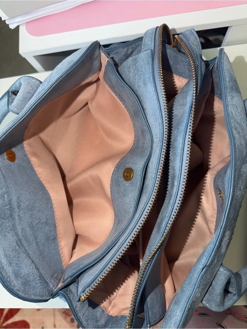 Poppy & Peonies Mini Uptown Suede Top-Handle Satchel in Dusty Blue